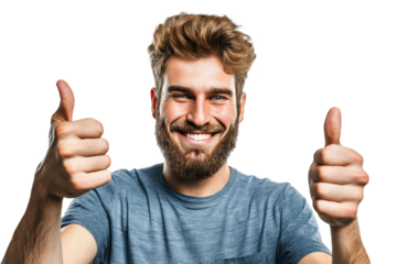 Joyful man showing approval with thumbs up, cut out - stock png.