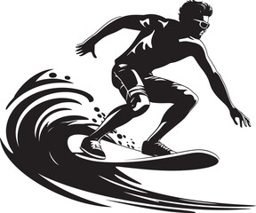 Seascape Journey Black Vector Surfing Guy Surfing Essence Guy Riding Waves Black Icon