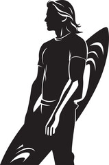 Oceans Momentum Black Vector Surfing Symbol Surfing Enigma Guy on Surfboard Black Logo