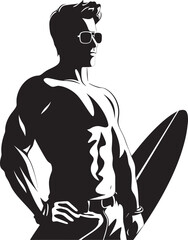 Coastal Thrills Black Vector Surfing Symbol Wave Riders Essence Surfing Guy Logo