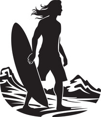 Surfing Adventure Black Iconic Surfboard Design Surfers Momentum Guy Surfing Vector Emblem