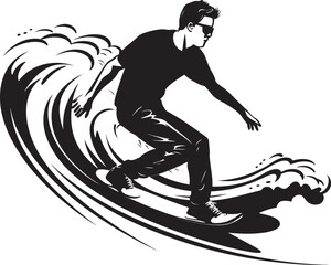 Coastal Thrills Black Vector Surfing Symbol Wave Riders Essence Surfing Guy Logo