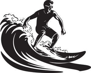 Ocean Flow Guy Surfing with Surfboard Emblem Coastal Thrills Black Vector Surfing Symbol