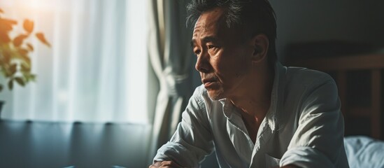 Asian middle-aged man sitting on bed, pondering in empty bedroom, experiencing stress, depression, and midlife crisis at home.