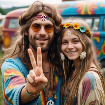 Hombre y mujer jovenes hippies sonriendo haciendo el signo de la victoria con unas furgonetas pintadas de colores de fondo