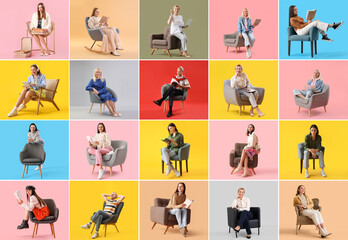 Collage of different women and man in comfortable armchairs on color background