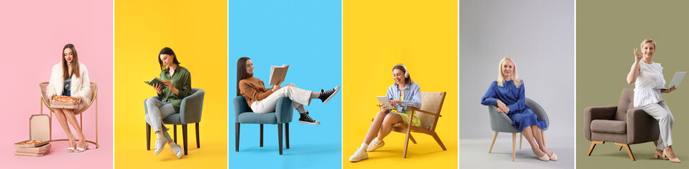 Collage of different women in comfortable armchairs on color background