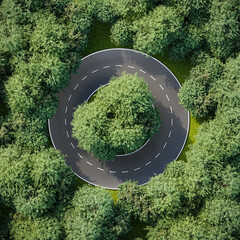 Aerial image of a circular road within a forest of elm trees - concept for no way out,...