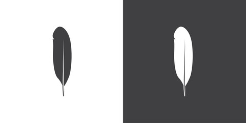 Vector feather icon illustration. 
Bird feather isolated on black and white background.