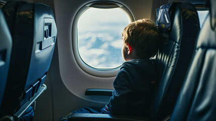 alone boy in the plane on a chair looking at the glass, Concept family lost the children in plane - obrazy, fototapety, plakaty