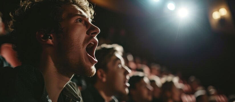Disruptive young man talking loudly on phone at cinema, disturbing audience.