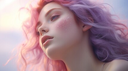 Fototapeta premium A woman with pink hair and glitter on her face