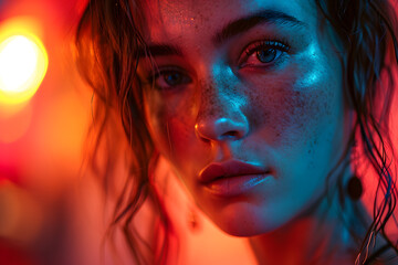 studio portrait of beautiful latino brunette young woman on colour backgrounds