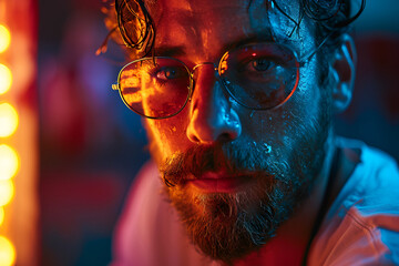 Neon light studio close-up portrait of serious man model with mustaches and beard in sunglasses and white t-shirt