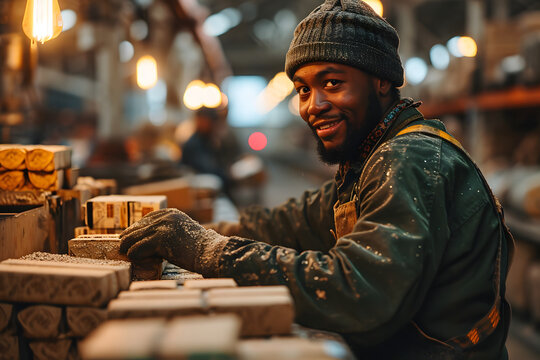 Happy men and women working in a factory, Packaging products.