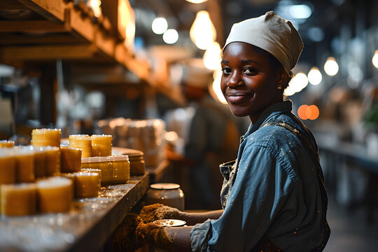 Happy men and women working in a factory, Packaging products.