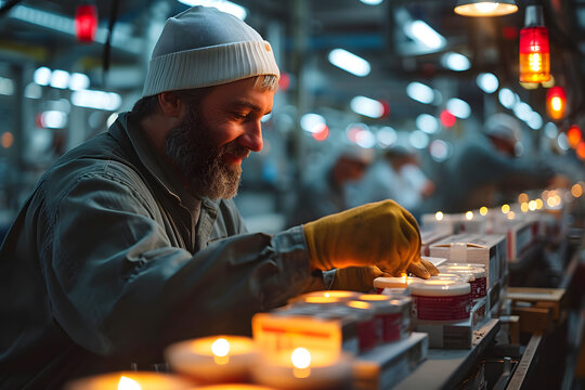 Happy men and women working in a factory, Packaging products.