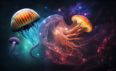 Colorful jellyfish in space