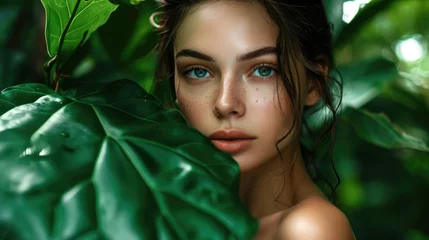 Foto op Canvas Beautiful blonde woman with tropical leaves, cosmetics spa beauty skin care salon advertisement baner   © AdamantiumStock