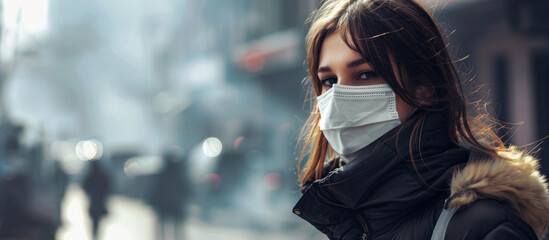 Woman with facial mask in the city covered with smog, pollution problem - obrazy, fototapety, plakaty