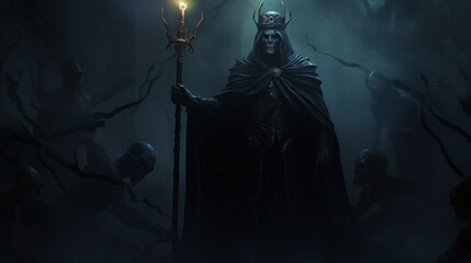 mysterious underworld ruler akin to Hades, in a dark realm with ghostly figures, holding a scepter, with eerie, dim lighting