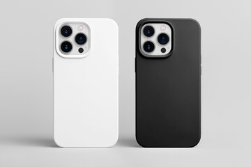 set of two smart phones in white and black cases back view isolated on gray background, iPhone 15 and 14 Pro max case mock up - obrazy, fototapety, plakaty