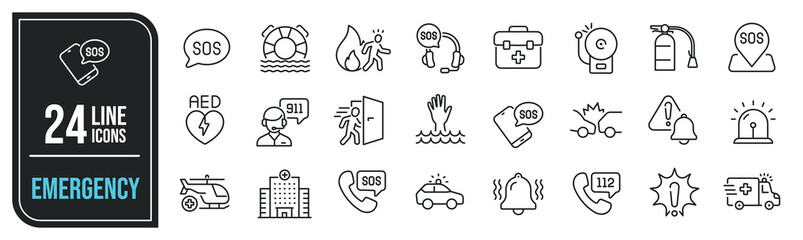 Emergency simple minimal thin line icons. Related SOS, safety, alarm, urgency, warning. Editable stroke. Vector illustration. - obrazy, fototapety, plakaty