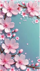 The image illustrates a cascade of pink cherry blossoms with a central clear blue space, likely intended for a message or text, creating a fresh and floral-themed design.