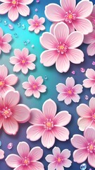 The image displays a collection of pink cherry blossoms spread across a gradient blue background, creating a vibrant and floral visual.