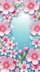 Fototapeta na wymiar The image showcases a vibrant arrangement of pink cherry blossoms framing a central sky blue area, creating a dynamic and inviting floral design.
