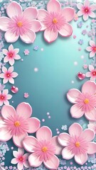 The image features a cluster of pink cherry blossoms surrounding a central teal space, with smaller petals scattered throughout, creating a visually appealing floral backdrop.