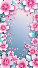 The image presents a vertical flow of pink cherry blossoms descending along the edges towards a central light blue area, possibly for a message or invitation, set against a gradient background