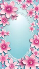 The image depicts an oval-shaped border of soft pink cherry blossoms against a sky-blue background, creating a delicate and inviting floral frame.