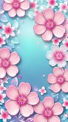 Fototapeta na wymiar The image showcases a vibrant collection of pink cherry blossoms bordering a central turquoise gradient, creating a lively and floral design suitable for a variety of decorative purposes.