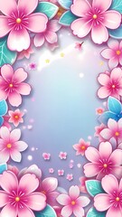 The image illustrates a vertical gradient from pink to blue, adorned with pink cherry blossoms along the edges and small petals drifting towards the center, creating a soft, dreamy atmosphere.