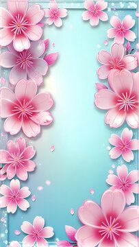 The image showcases a vibrant arrangement of pink cherry blossoms framing a central sky blue area, creating a dynamic and inviting floral design.