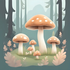 Mushroom in forest, cartoon, child book ilustration