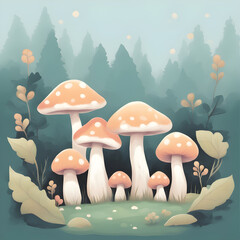 Mushroom in forest, cartoon, child book ilustration