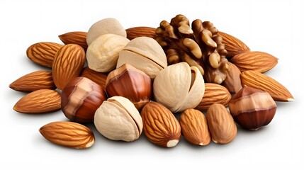 mixed nuts in wooden bowl. Mix of various nuts on colored background. pistachios, cashews, walnuts, hazelnuts, peanuts and brazil nuts.  - obrazy, fototapety, plakaty