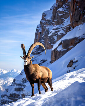 Un bouquetin avec de longues cornes dans les montagnes enneig&eacute;es
