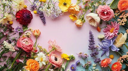 An assortment of colorful spring flowers creating a vibrant frame on a pastel base, Women's day, pastel background, Flat lay, top view, with copy space