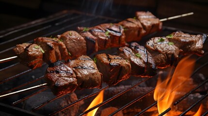 Cooking Skewered meat barbecue, charcoal-grilled kebab, outdoor skewer cooking, cut steak skewers