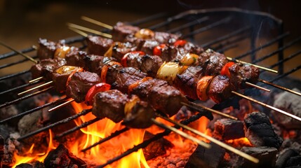 Cooking Skewered meat barbecue, charcoal-grilled kebab, outdoor skewer cooking, cut steak skewers