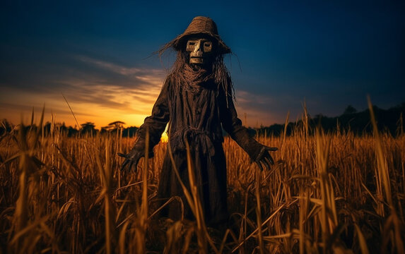 Horror scarecrow in the middle of rice field