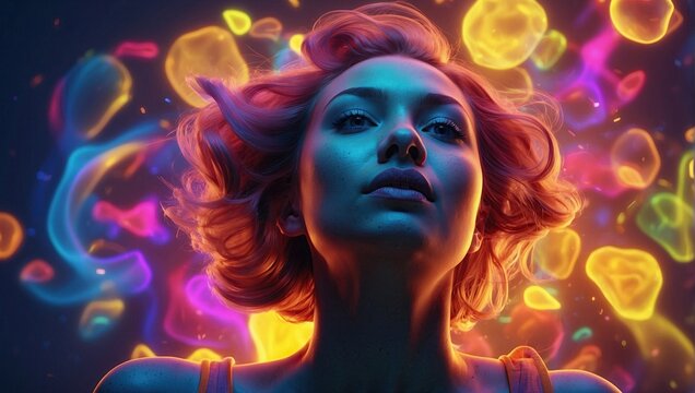 A surreal portrait of a woman with neon bubbles and vibrant hues creating an ethereal and dreamlike atmosphere.