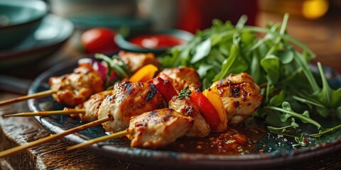 Tropical Fiesta - Chicken Skewers Dance - Vibrant Fusion in Exotic Setting - Excitement and Sizzle Captured in Every Frame