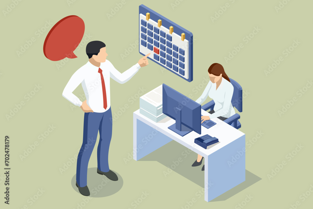 Wall mural isometric project manager working, organizer app with appointments, messages task manager and projec