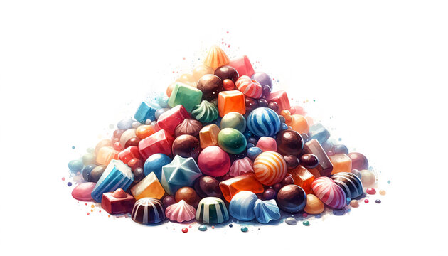 An artistic representation of a pile of candies, rendered in a watercolor style