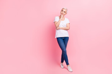 Full body photo of clever person dressed stylish t-shirt denim pants thoughtfully look at offer...