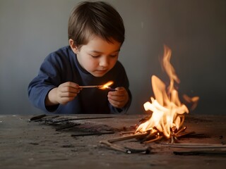 Child playing with fire, kid in danger